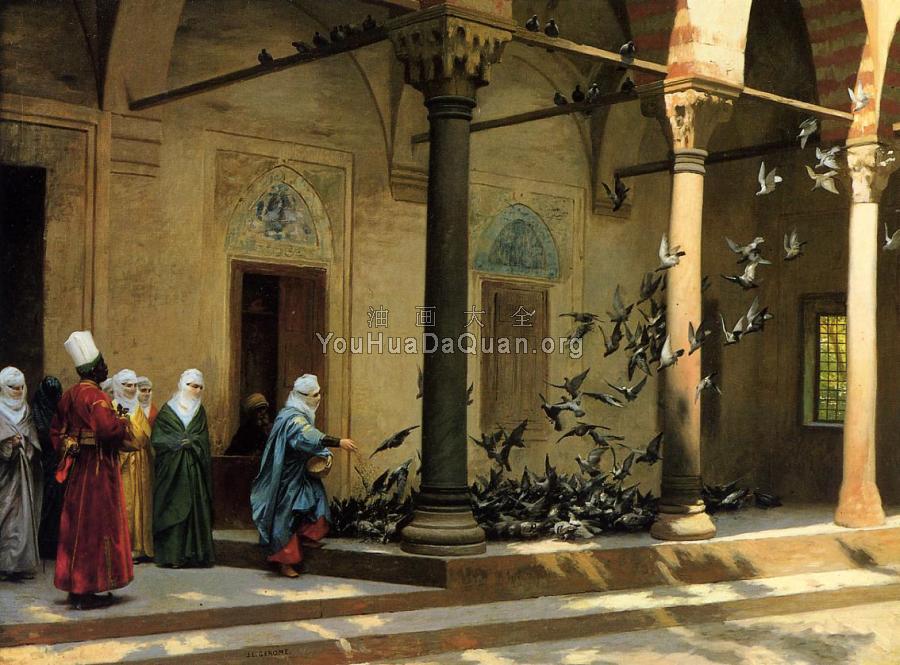 Harem Women Feeding Pigeons in a Courtyard - 让·莱昂·杰罗姆